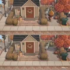 two pictures of the same house in different stages of being decorated with fall leaves and pumpkins