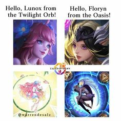 four different pictures with the words hello, lux from the twilight orb and an image of