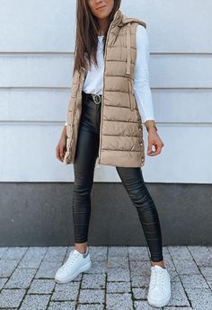 Long Vests Outfit, Trendy Puffer Vest Outfit, Outfit Ideas With Vests Fall Fashion, Beige Gilet Outfit Women, Long Vest Outfits For Women Winter, Neutral Puffer Vest Outfit, Long Puffy Vest Outfits For Women, Long Vest Outfits For Women Casual, Down Vest Outfit Womens