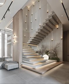 an elegant staircase in the middle of a living room with white walls and flooring