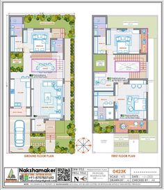 two story house plan with the first and second floors in blueprints on white background