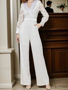 Lasaky - Long Sleeve Lace Chiffon Party Jumpsuit with Wide-Leg Pants Jumpsuit With Long Sleeves, Loose Fit Jumpsuit, Chiffon Jumpsuit, Plus Jumpsuit, Denim Texture, Lace Chiffon, Jumpsuit Party, Long Sleeve Jumpsuit, Long Shirt Dress