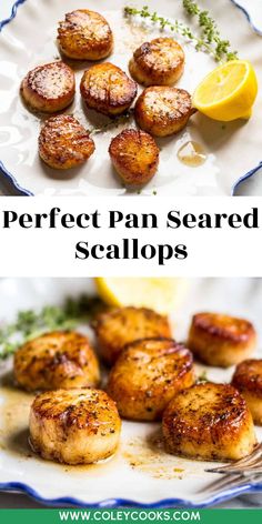 the perfect pan seared scallops recipe on a plate with lemon wedges