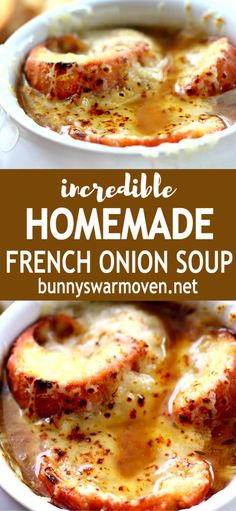 an image of homemade french onion soup in a white bowl with the title above it