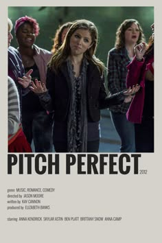 the poster for pitch perfect 2012 is shown in black and white, with an image of a woman holding her hands out