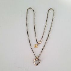 Sterling Silver, 14k Gold 585, 925, Designer Signature Heart 0.5" Wide, 0.75" Drop Chain 16" Length 585 Gold Mini Tag Very Good Pre-Owned Condition Generic Velvet Pouch David Yurman Jewelry, Velvet Pouch, David Yurman, Heart Pendant Necklace, Heart Pendant, Womens Jewelry Necklace, Silver Gold, Two Tone, Size 16