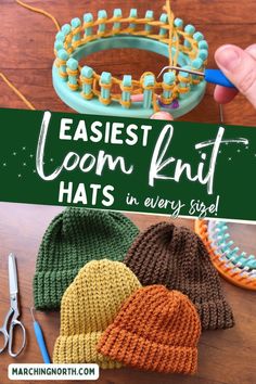 knitted hats with text overlay that says easyest loom knit hats every size