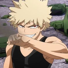 an anime character with blonde hair and red eyes pointing his finger at something in the background