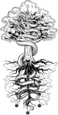 a drawing of a tree with a snake on it's head and roots growing out of it