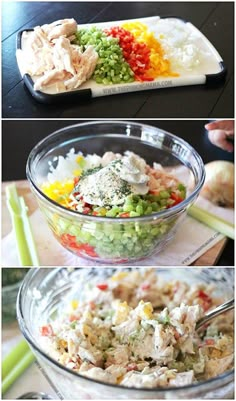 three pictures showing different types of food in glass bowls