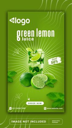 a green lemon juice advertisement with limes and mint leaves on the side, in front of