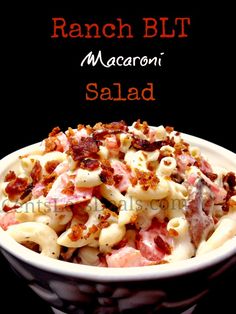 bacon and macaroni salad in a white bowl