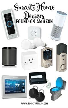 smart home devices are shown with the words smart home devices found on amazon