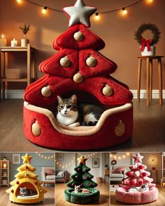 a cat is sitting in a christmas tree shaped bed