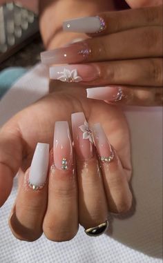 White 18th Birthday Nails, Baddy Nails, Quince Nails, Quinceanera Nails, Engagement Nails, Ombre Acrylic Nails, Short Acrylic