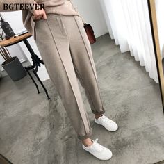 Brand Name: BGTEEVERPant Style: Pencil PantsMaterial: PolyesterMaterial: CottonFit Type: RegularLength: Full LengthDecoration: PocketsOrigin: CN(Origin)Season: WinterWaist Type: HIGHModel Number: LY3933Pattern Type: SolidStyle: CasualFront Style: FlatFabric Type: BroadclothClosure Type: Elastic WaistGender: WOMENgender: womencolor: winter woolen pant Gym Pants Women, Celana Fashion, Winter Trousers, Winter Plus Size, Warm Pants, Work Suits, Loose Trousers, Suit Pant, Pencil Pants