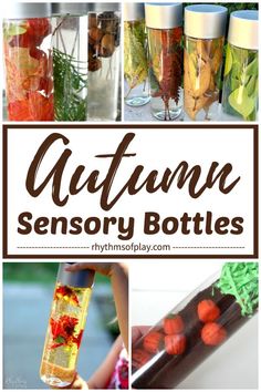 the words autumn sensory bottles are overlaid with images of fruits and vegetables