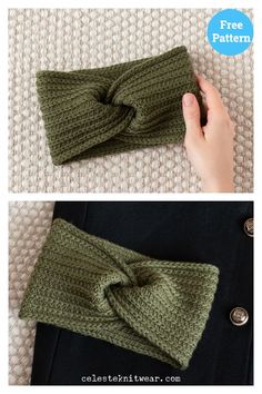 two pictures showing how to make a knitted headband with a knot on top