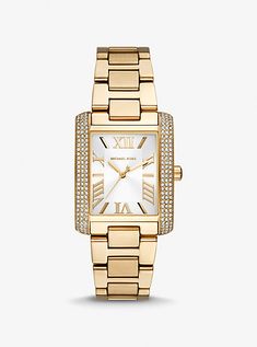 Meet Emery: a precious timepiece in a warm, opulent hue with pavé crystals that ensure to make a grand statement. Roman numeral time stops add classic appeal, while the polished beveled strap reads elegant. Consider it a glamorous piece to wear to an evening event. Cheap Watches, Top Rings, Three Hands, Analog Watch, Kurt Geiger, Beautiful Watches, Stainless Steel Watch, Adjustable Bracelet, Michael Kors Watch