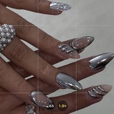 Silver Almond Nails Designs, Silver Almond Nails, Gray Nails Ideas, Grey Nail Designs, Gray Nails, Almond Nails Designs, Nails Designs, Nails Ideas, Almond Nails