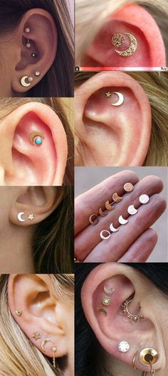 different types of ear piercings are shown in this collage, including the moon and crescent