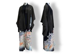 This vintage kimono duster is a unique addition to any wardrobe. With a beautiful black and brown crepe like fabric with a floral print, it is sure to make a statement. The size of this piece is considered M/L and it is from the 1970s, making it a true original. The sleek  look adds to the charm and it is in great condition, ready to be worn and loved. Design like a true traditional Kimono, no size or fabric labels. The fabric is soft and I feel some areas are hand dyed. Length 59 floor  length Traditional Black Floral Print Kimono, Traditional Black Kimono With Floral Print, Black Long Sleeve Kimono With Floral Print, Vintage Black Kimono For Spring, Black Fitted Long Kimono, Fitted Long Black Kimono, Black Silk Kimono For Spring, Kimono Jacket Outfit, Long Kimono Jacket