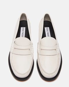 KINGSTON White Leather Slip On Loafer | Women's Loafers – Steve Madden Classic Spring Moc Toe Loafers, Classic Moc Toe Loafers For Spring, Classic White Loafers With Leather Footbed, Classic Medium Width Loafers, Classic White Moc Toe Loafers, Classic Flat Moccasins For Spring, Classic Flat Moccasins For Fall, Classic Leather Sole Moccasins For Spring, Classic White Loafers For Work