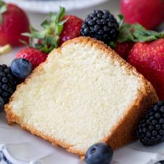 a slice of pound cake with berries on the side