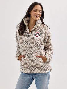 Warm up any gameday outfit with the Women’s Wrangler® Collegiate Sherpa Quarter-Zip Pullover. This cozy pullover is crafted from plush sherpa with a southwestern print, a partial zip closure, and side pockets for your essentials. Plus, your team’s logo embroidered at the chest for some school spirit and authenticity. Sherpa Quarter Zip, Lainey Wilson, Southwestern Print, 2024 Style, Cozy Pullover, University Of Texas, Women's Jackets, Gameday Outfit, Quarter Zip Pullover