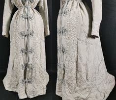 1870s Dress, Hoop Skirt, Natural Form, Gold Silk, Diamond Stitch, Icy Blue, Pale Gold, Womens Robes, Dressing Gown