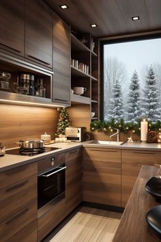 a kitchen with wooden cabinets and counter tops next to a window filled with christmas decorations