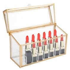 PRICES MAY VARY. 24 Slots Lipstick Holder: Size 9.25*5.5*3.8 inches (total size), 1.06 * 1.06in (size of each slot); The 24 slots lipstick holder perfectly stores and organizes your lipsticks, lip balms and lip gloss, and decorates your dressing table. High Quality Glass Box: Our lipstick organizer is made of high-quality glass and brass,strong and durable,with lead free solder. Features a lid design, which is dust-free and moisture-proof. More texture than acylic box and can protect your lipsti Dresser Countertop, Glass Organizer, Transparent Lipstick, Lipstick Display, Gold Lipstick, Lipstick Organizer, Perfume Display, Makeup Holder, Cosmetic Display