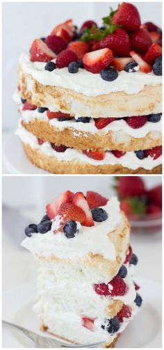 two pictures of a cake with strawberries and blueberries on top