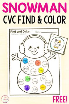 the snowman cvc find and color worksheet is shown with an image of a