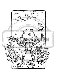 a black and white drawing of a mushroom on the ground with flowers in front of it