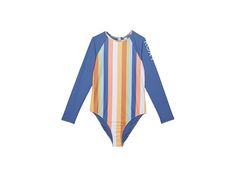 Roxy Kids Dreaming Space Long Sleeve One-Piece Swimsuit (Big Kids) - Girl's Swimsuits One Piece : Papaya RG Beachin Stripe : The primary materials that compose this product contain a minimum of 20 percent recycled content. ; Let your younger one engage in the water-based fun activities in style without impinging on their comfort by choosing the Roxy Kids Dreaming Space Long Sleeve One-Piece Swimsuit crafted in soft, recycled, resistant, and stretch lurex textured rib fabric. UPF sun protection. Roxy Swimwear, Swimsuits One Piece, Long Sleeve Swimwear, Rib Fabric, Free Kids, Ribbed Fabric, Papaya, Big Kids, Roxy