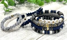 School Spirit, Custom Heishi Bead Bracelets Personalized, Back to School Teacher Gift, Name Bracelet Beads, Boho Jewelry for Teens, - Etsy Jewelry For Teens, Arm Candy Bracelets, Multiple Bracelets, School Teacher Gifts, Letter Beads, Bead Bracelets, Heishi Beads, Name Bracelet, School Spirit