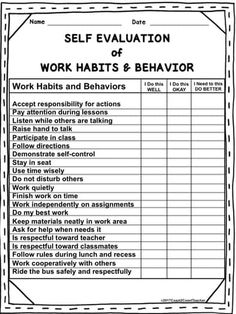 worksheet for self evaluation and behavior work habitts & behavior activities