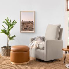 a living room with a chair, ottoman and potted plant on the floor in front of it