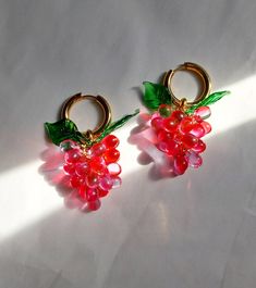 Cheap Fruit Design Drop Earrings, Cheap Red Fruit Design Jewelry, Cheap Pink Fruit Design Earrings, Trendy Red Beaded Earrings As Gift, Trendy Red Beaded Earrings For Gift, Handmade Berry Colored Earrings For Gift, Handmade Berry Earrings For Gift, Faery Jewelry, Grape Earrings