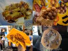 there are four different types of food in this photo and the words kk street food