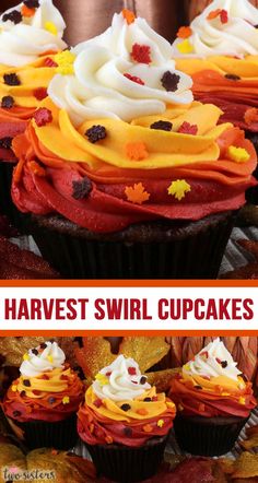 several cupcakes with frosting and decorations on them are shown in two different pictures