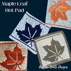 four maple leaf coasters are shown in three different colors