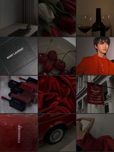 a collage of photos with red and black colors