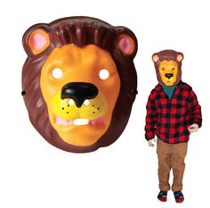 a child wearing a lion mask and standing next to a fake animal head on a white background