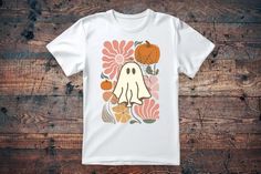 Floral Ghost fall shirt Casual Fall Shirt With Graphic Print, Vintage White Shirt For Fall, White Short Sleeve Shirt For Fall, Retro Crew Neck Shirt For Fall, Retro Graphic Print Shirt For Fall, Orange Graphic Print Shirt For Fall, Orange Shirt With Graphic Print For Fall, Floral Ghost, Ghost Shirt