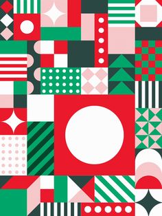 an abstract pattern with red, green and white shapes on black background that includes circles, dots, lines, and rectangles