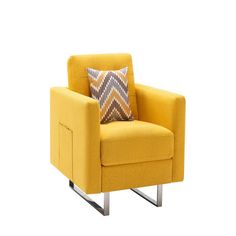 a yellow chair with a decorative pillow on it's back and side rests against a white background