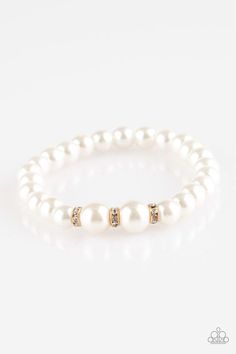 Radiantly Royal Gold Bracelet Royal Romance, Gold Stretch Bracelet, White Pearl Bracelet, Pink Jewels, Classy Jewelry, Sell Gold, Paparazzi Accessories, White Rhinestone, Stretchy Bracelets