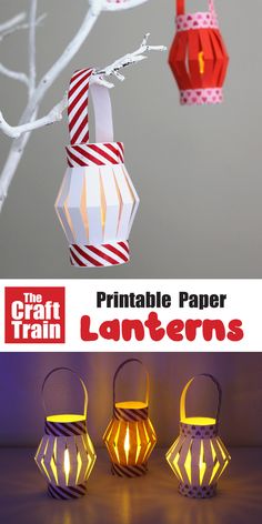 three paper lanterns hanging from a tree with the words printable paper lanterns on them